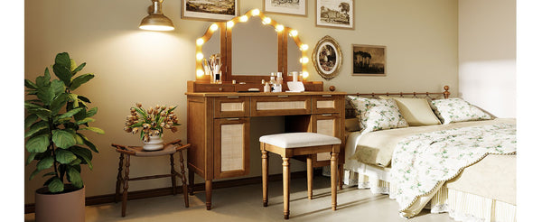 English Elm 44.37 Inch Hollywood Bulb Vanity Desk Tri-fold Mirror Five Drawers Bamboo Charging Station Espresso N704P342558P