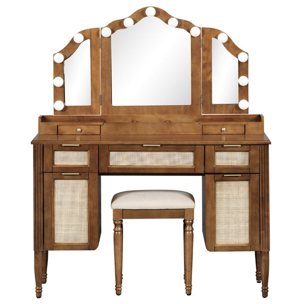 English Elm 44.37 Inch Hollywood Bulb Vanity Desk Tri-fold Mirror Five Drawers Bamboo Charging Station Espresso N704P342558P