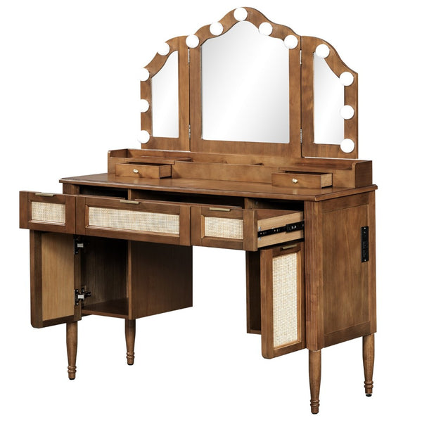 English Elm 44.37 Inch Hollywood Bulb Vanity Desk Tri-fold Mirror Five Drawers Bamboo Charging Station Espresso N704P342558P