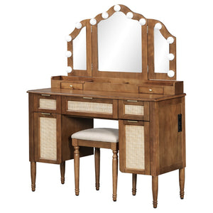 English Elm 44.37 Inch Hollywood Bulb Vanity Desk Tri-fold Mirror Five Drawers Bamboo Charging Station Espresso N704P342558P