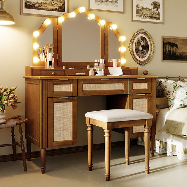 English Elm 44.37 Inch Hollywood Bulb Vanity Desk Tri-fold Mirror Five Drawers Bamboo Charging Station Espresso N704P342558P