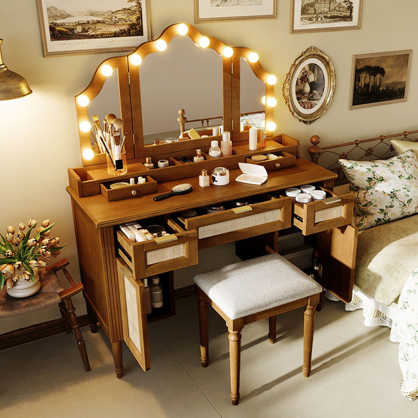 English Elm 44.37 Inch Hollywood Bulb Vanity Desk Tri-fold Mirror Five Drawers Bamboo Charging Station Espresso N704P342558P