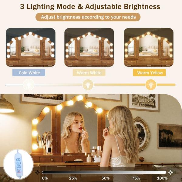 English Elm 44.37 Inch Hollywood Bulb Vanity Desk Tri-fold Mirror Five Drawers Bamboo Charging Station Espresso N704P342558P