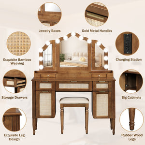 English Elm 44.37 Inch Hollywood Bulb Vanity Desk Tri-fold Mirror Five Drawers Bamboo Charging Station Espresso N704P342558P