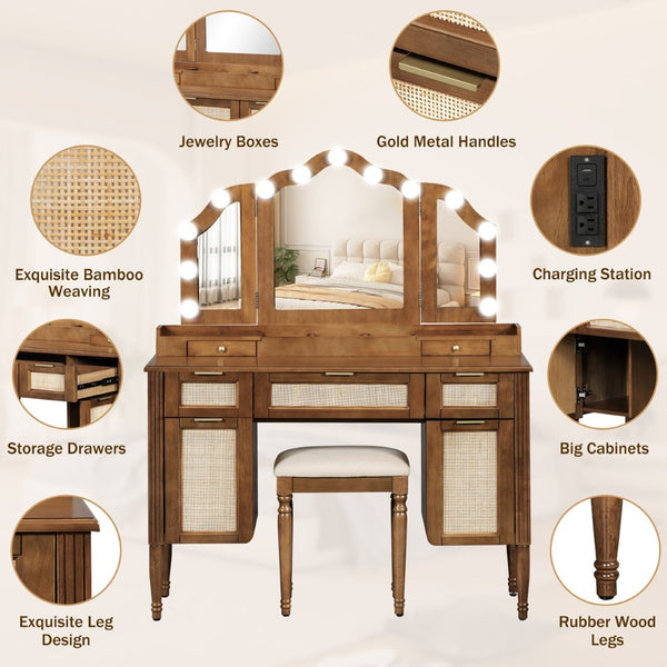English Elm 44.37 Inch Hollywood Bulb Vanity Desk Tri-fold Mirror Five Drawers Bamboo Charging Station Espresso N704P342558P