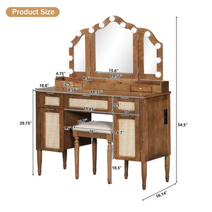 English Elm 44.37 Inch Hollywood Bulb Vanity Desk Tri-fold Mirror Five Drawers Bamboo Charging Station Espresso N704P342558P