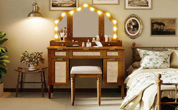 English Elm 44.37 Inch Hollywood Bulb Vanity Desk Tri-fold Mirror Five Drawers Bamboo Charging Station Espresso N704P342558P