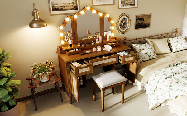 English Elm 44.37 Inch Hollywood Bulb Vanity Desk Tri-fold Mirror Five Drawers Bamboo Charging Station Espresso N704P342558P