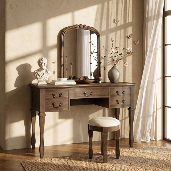 English Elm 46" Vintage Dressing Table Floral Carved Mirror Five Drawers Solid Wood Bedroom Vanity N704P381405P