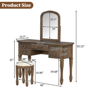 English Elm 46" Vintage Dressing Table Floral Carved Mirror Five Drawers Solid Wood Bedroom Vanity N704P381405P