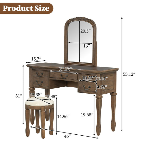 English Elm 46" Vintage Dressing Table Floral Carved Mirror Five Drawers Solid Wood Bedroom Vanity N704P381405P