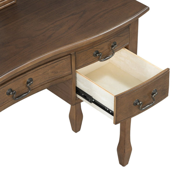 English Elm 46" Vintage Dressing Table Floral Carved Mirror Five Drawers Solid Wood Bedroom Vanity N704P381405P