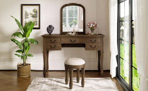 English Elm 46" Vintage Dressing Table Floral Carved Mirror Five Drawers Solid Wood Bedroom Vanity N704P381405P