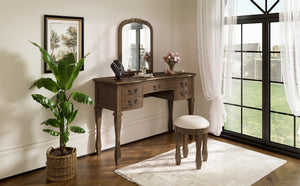 English Elm 46" Vintage Dressing Table Floral Carved Mirror Five Drawers Solid Wood Bedroom Vanity N704P381405P
