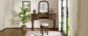 English Elm 46" Vintage Dressing Table Floral Carved Mirror Five Drawers Solid Wood Bedroom Vanity N704P381405P