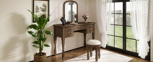 English Elm 46" Vintage Dressing Table Floral Carved Mirror Five Drawers Solid Wood Bedroom Vanity N704P381405P