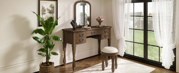 English Elm 46" Vintage Dressing Table Floral Carved Mirror Five Drawers Solid Wood Bedroom Vanity N704P381405P