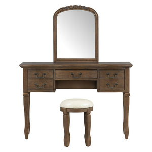 English Elm 46" Vintage Dressing Table Floral Carved Mirror Five Drawers Solid Wood Bedroom Vanity N704P381405P