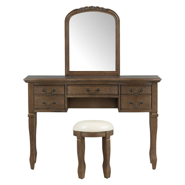 English Elm 46" Vintage Dressing Table Floral Carved Mirror Five Drawers Solid Wood Bedroom Vanity N704P381405P