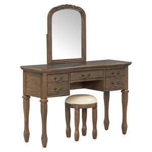 English Elm 46" Vintage Dressing Table Floral Carved Mirror Five Drawers Solid Wood Bedroom Vanity N704P381405P