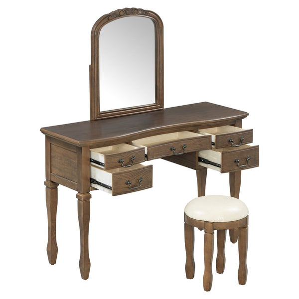English Elm 46" Vintage Dressing Table Floral Carved Mirror Five Drawers Solid Wood Bedroom Vanity N704P381405P