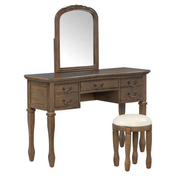 English Elm 46" Vintage Dressing Table Floral Carved Mirror Five Drawers Solid Wood Bedroom Vanity N704P381405P