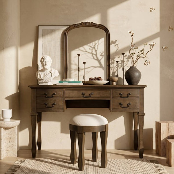 English Elm 46" Vintage Dressing Table Floral Carved Mirror Five Drawers Solid Wood Bedroom Vanity N704P381405P