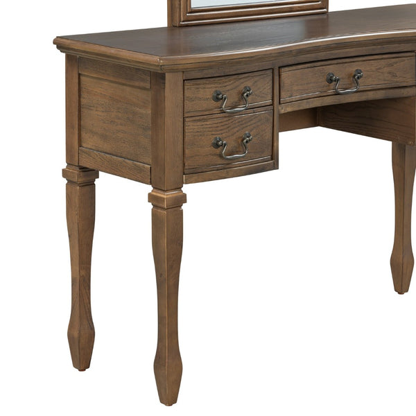 English Elm 46" Vintage Dressing Table Floral Carved Mirror Five Drawers Solid Wood Bedroom Vanity N704P381405P