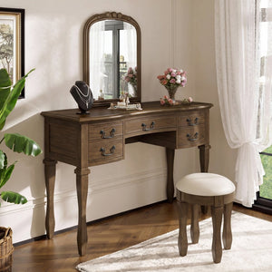 English Elm 46" Vintage Dressing Table Floral Carved Mirror Five Drawers Solid Wood Bedroom Vanity N704P381405P