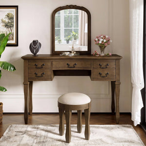 English Elm 46" Vintage Dressing Table Floral Carved Mirror Five Drawers Solid Wood Bedroom Vanity N704P381405P