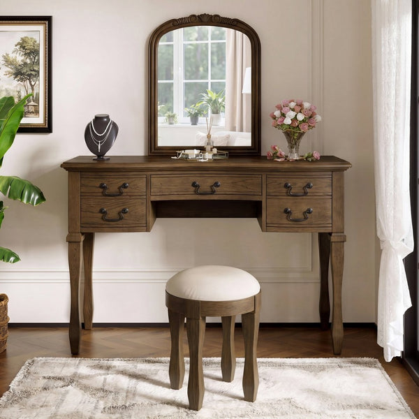 English Elm 46" Vintage Dressing Table Floral Carved Mirror Five Drawers Solid Wood Bedroom Vanity N704P381405P
