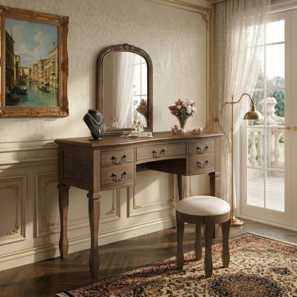 English Elm 46" Vintage Dressing Table Floral Carved Mirror Five Drawers Solid Wood Bedroom Vanity N704P381405P