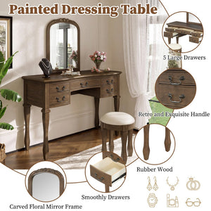 English Elm 46" Vintage Dressing Table Floral Carved Mirror Five Drawers Solid Wood Bedroom Vanity N704P381405P