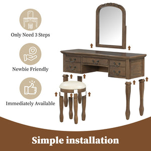 English Elm 46" Vintage Dressing Table Floral Carved Mirror Five Drawers Solid Wood Bedroom Vanity N704P381405P