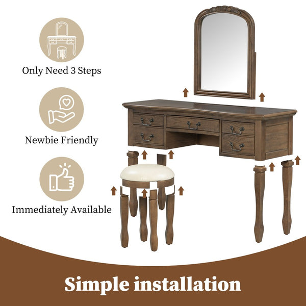 English Elm 46" Vintage Dressing Table Floral Carved Mirror Five Drawers Solid Wood Bedroom Vanity N704P381405P