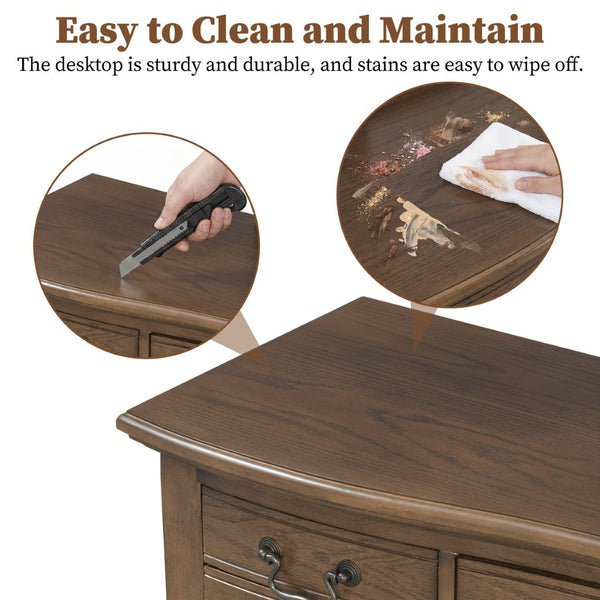 English Elm 46" Vintage Dressing Table Floral Carved Mirror Five Drawers Solid Wood Bedroom Vanity N704P381405P