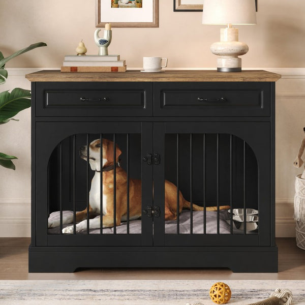 English Elm 43.3 Inch Farmhouse Dog Crate Furniture with 2 Drawers and Rotating Bowl Side Table N704P414580D