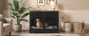 English Elm 43.3 Inch Farmhouse Dog Crate Furniture with 2 Drawers and Rotating Bowl Side Table N704P414580D