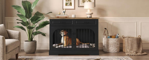 English Elm 43.3 Inch Farmhouse Dog Crate Furniture with 2 Drawers and Rotating Bowl Side Table N704P414580D