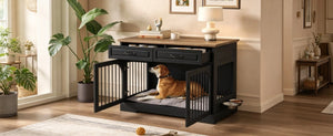 English Elm 43.3 Inch Farmhouse Dog Crate Furniture with 2 Drawers and Rotating Bowl Side Table N704P414580D
