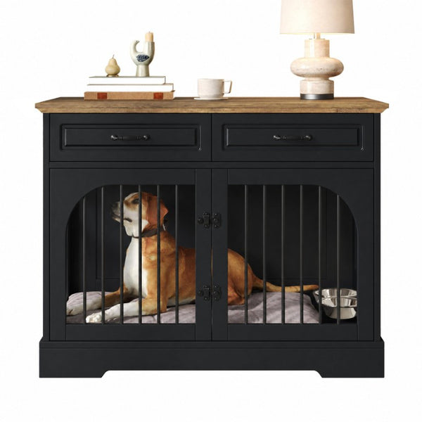 English Elm 43.3 Inch Farmhouse Dog Crate Furniture with 2 Drawers and Rotating Bowl Side Table N704P414580D
