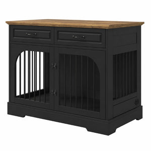 English Elm 43.3 Inch Farmhouse Dog Crate Furniture with 2 Drawers and Rotating Bowl Side Table N704P414580D