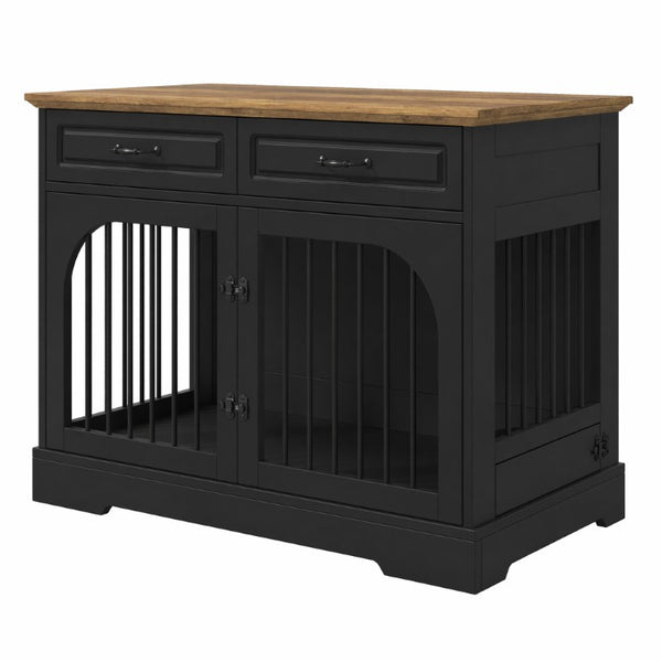 English Elm 43.3 Inch Farmhouse Dog Crate Furniture with 2 Drawers and Rotating Bowl Side Table N704P414580D