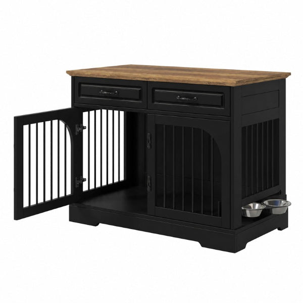 English Elm 43.3 Inch Farmhouse Dog Crate Furniture with 2 Drawers and Rotating Bowl Side Table N704P414580D