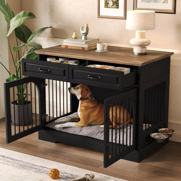English Elm 43.3 Inch Farmhouse Dog Crate Furniture with 2 Drawers and Rotating Bowl Side Table N704P414580D
