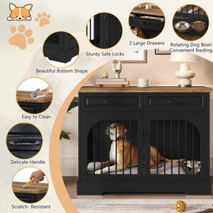 English Elm 43.3 Inch Farmhouse Dog Crate Furniture with 2 Drawers and Rotating Bowl Side Table N704P414580D