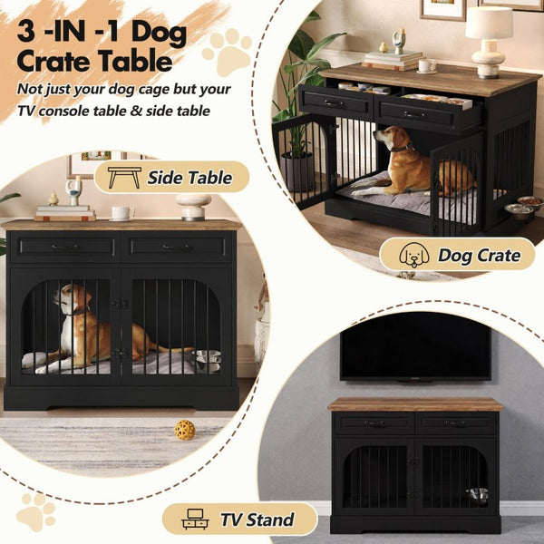English Elm 43.3 Inch Farmhouse Dog Crate Furniture with 2 Drawers and Rotating Bowl Side Table N704P414580D