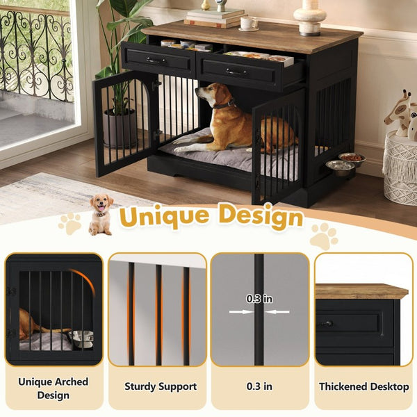 English Elm 43.3 Inch Farmhouse Dog Crate Furniture with 2 Drawers and Rotating Bowl Side Table N704P414580D