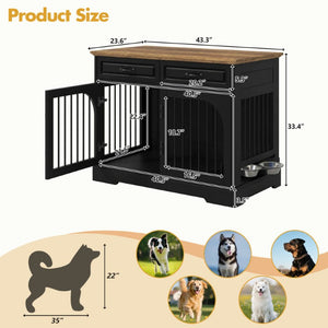English Elm 43.3 Inch Farmhouse Dog Crate Furniture with 2 Drawers and Rotating Bowl Side Table N704P414580D