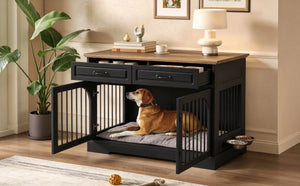 English Elm 43.3 Inch Farmhouse Dog Crate Furniture with 2 Drawers and Rotating Bowl Side Table N704P414580D